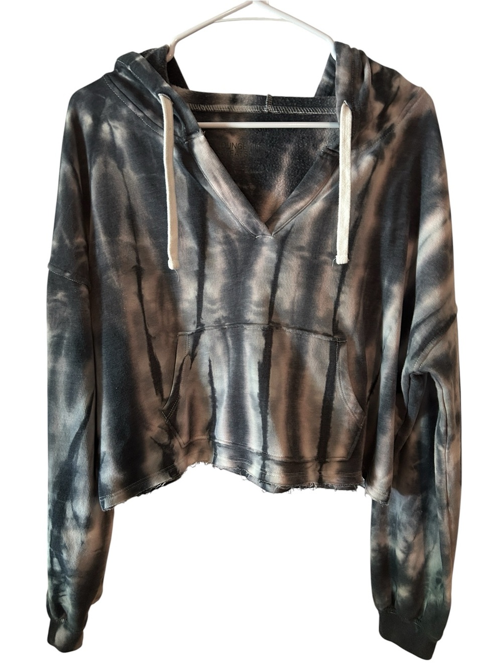 SO Black & Gray Tie-Dye V-Neck Cropped Hoodie. Medium